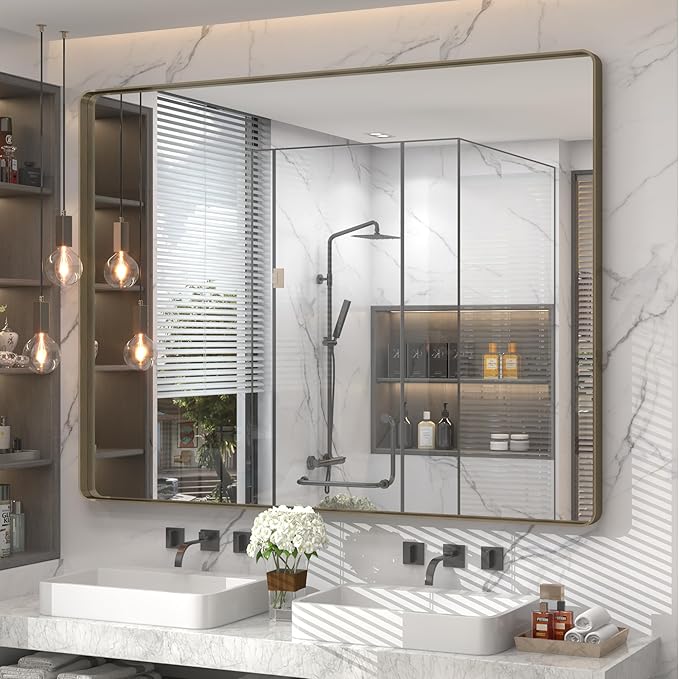 50x40 Inch Bronze Metal Framed Bathrrom Mirror, Brushed Metal Bathroom Vanity by CHARMOR