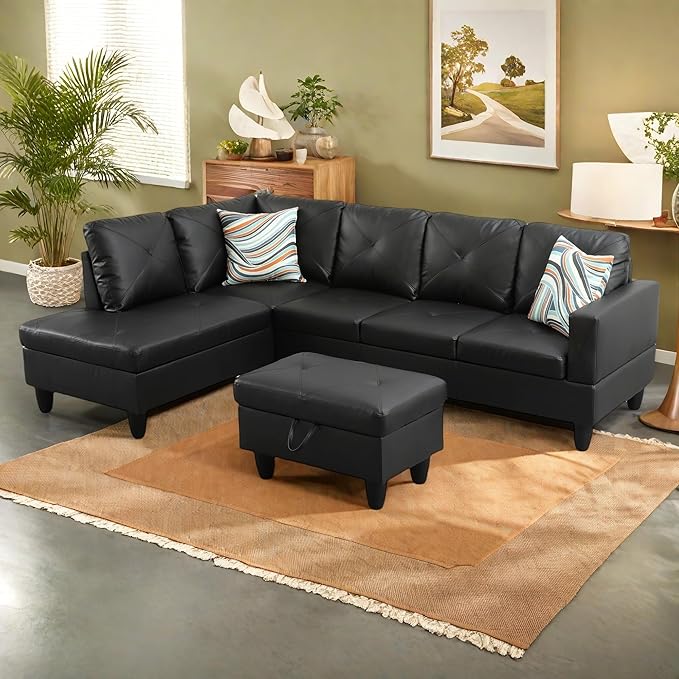 L-Shaped Sectional Sofa with Ottoman, Color Blocking Flannel Leather - Image 3