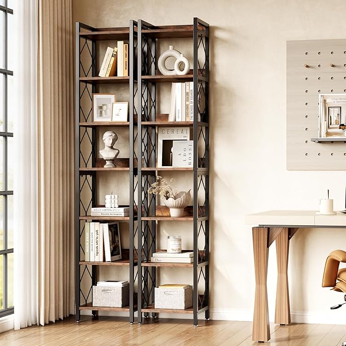 LITTLE TREE Book Shelf Set of 2, 7-Tier Tall Bookcase, Wooden Display Shelves - Image 2