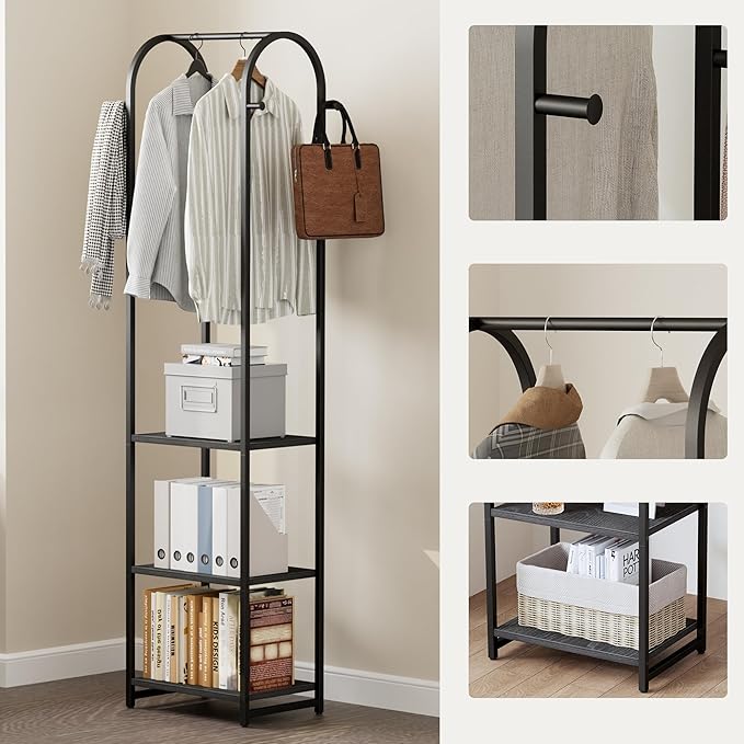 Garment Rack, Coat Rack With 3 Shelves and 4 Hooks, Hanging Rod - Image 2