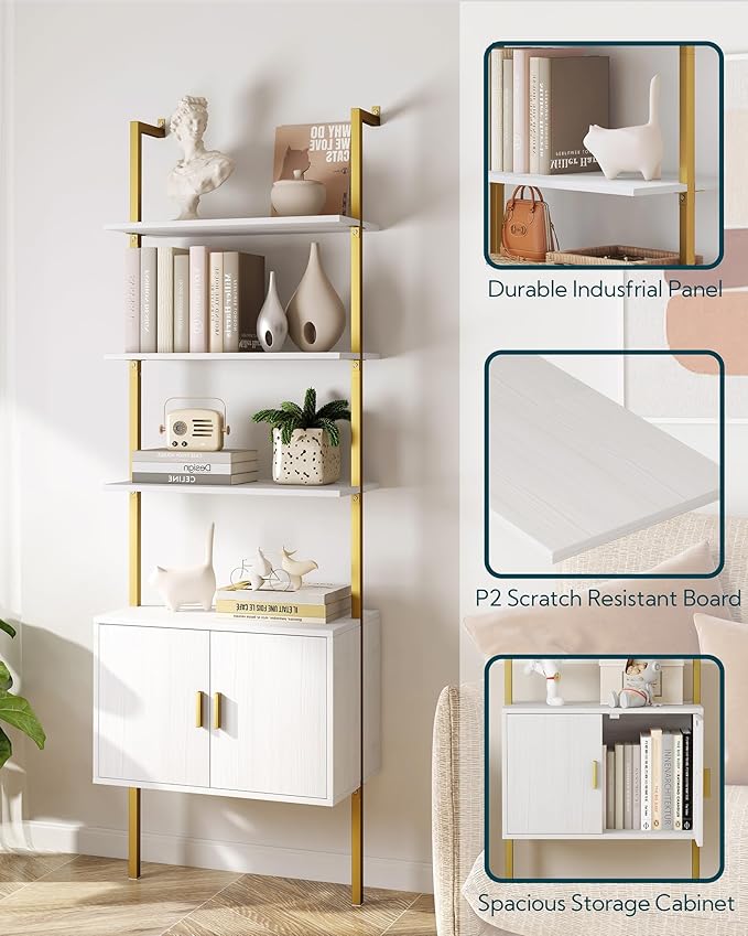 Yusong 73" Tall Bookshelf with Cabinet, Industrial Ladder Wall Mount Shelf - Image 4