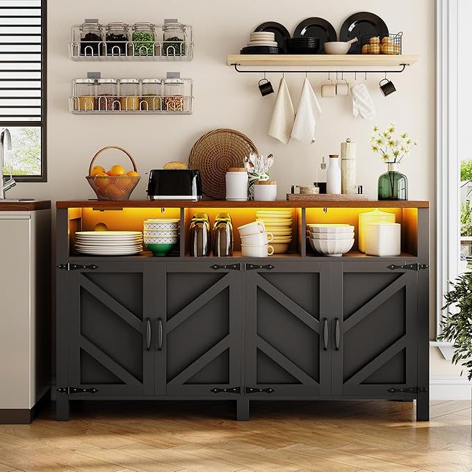 Buffet Sideboard with Storage with Power Outlets & LED Light 4 Doors, Dining - Image 6
