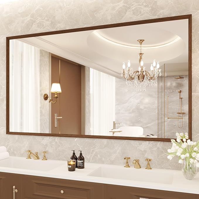 Rectangle Walnut Bathroom Mirror 55x30 Inch, Anti-Rust 4MM Tempered Glass by JISOSO
