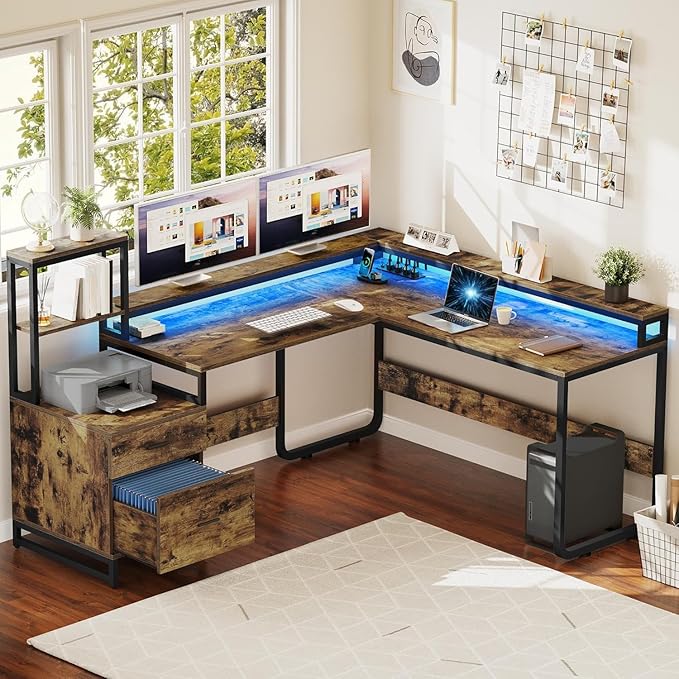 DWVO L Shaped Desk with Drawers, Reversible Computer Desk with Power Outlets by DWVO