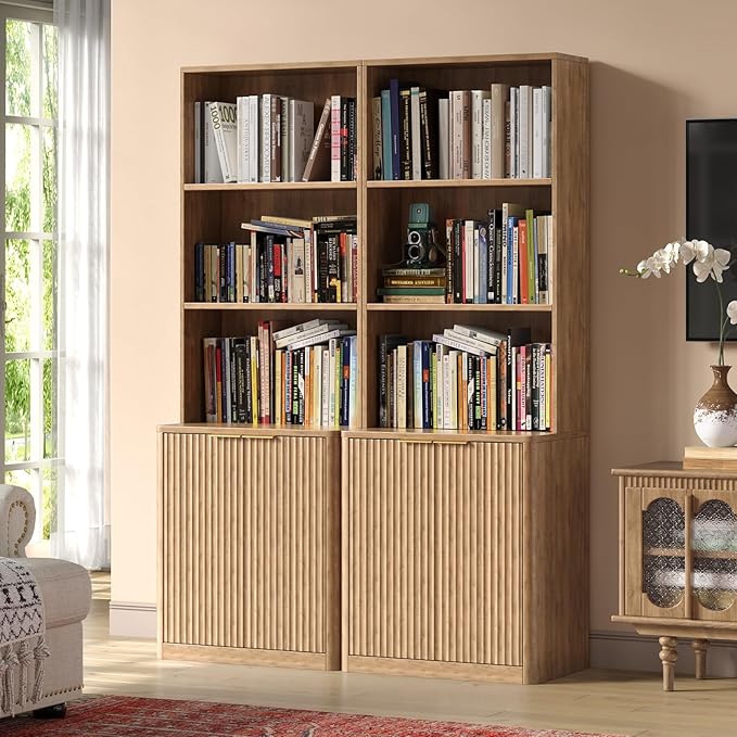71" Oak Bookcase with Doors, 5-Tier Fluted Tall Bookshelf with Storage by Hootata