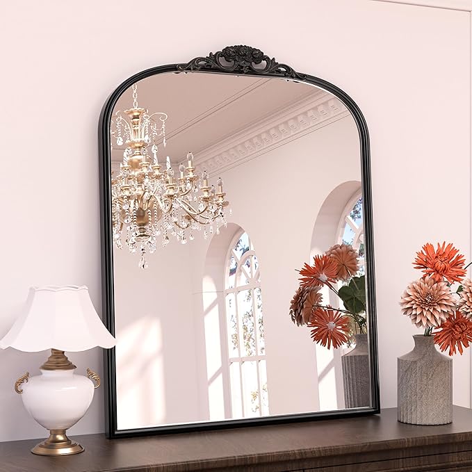 Keonjinn Vintage Arched Wall Mirror 30" x 36", Ornate Baroque Decoration by Keonjinn