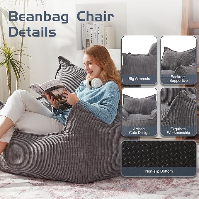 Giant Bean Bag Chair Sofa for Adults Teens, Comfy Corduroy Large Bean Bag Chairs - Image 4