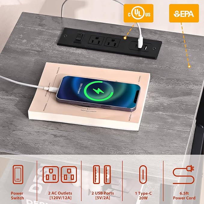 End Tables with Charging Station, Night Stands with Wood Drawer, Nightstand - Image 4
