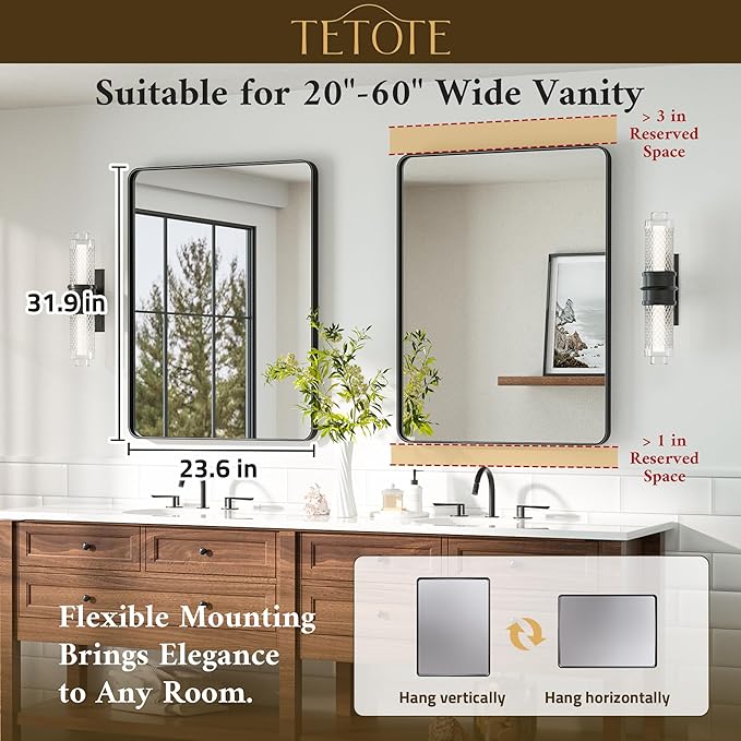 TETOTE Black Bathroom Mirror 24 x 32 Matte Black Metal Framed Vanity Mirror - Image 7
