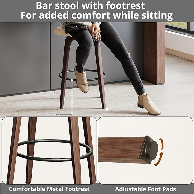 IRONCK Counter Height Bar Stools Set of 2, Wood Texture Bent Legs, Mid-Century - Image 8
