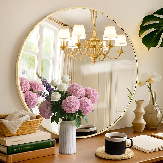 Round Mirror 24 Inch Gold Round Bathroom Mirror Wall Mirror Brushed Metal Frame by PUZONJIG