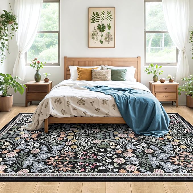 Area Rugs 9x12 Living Room: Floral Washable Rug Vintage Large Soft Boho - Image 3