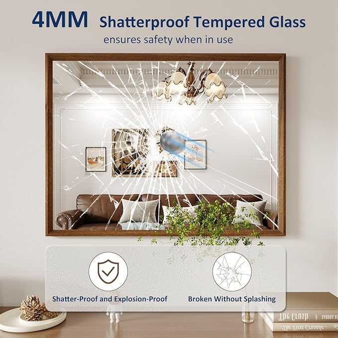 WEER Bathroom Mirror, 40x30 Inch Wall Mirror, Walnut Wood Grain Framed Mirror - Image 2