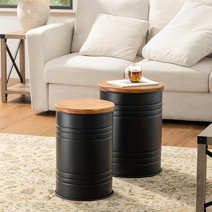 Glitzhome Farmhouse Accent Side Table, Metal Storage Stool Ottoman - Image 8