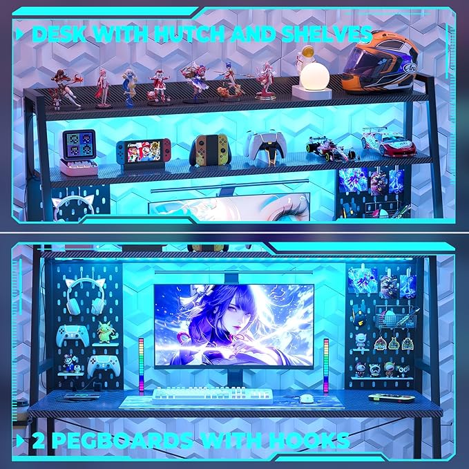 Gaming Desk with Hutch and LED Lights, Gaming Computer Desk with Power Outlets - Image 5