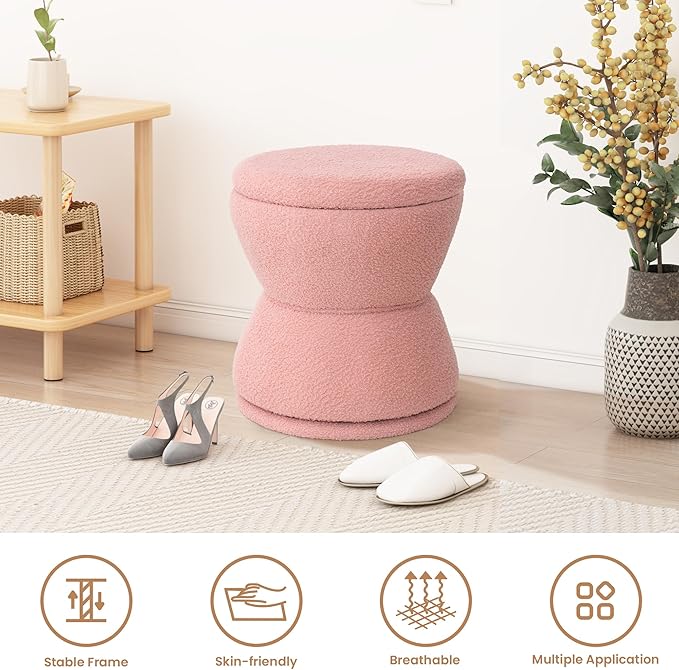 Round Ottoman with Storage, 360° Swivel Boucle Ottoman Vanity Stool, - Image 4