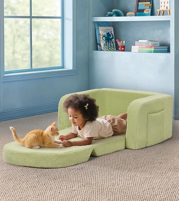 Kids Couch, 2-in-1 Soft Toddler Couch Fold Out - Image 2