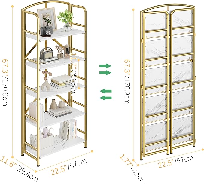 No-Assembly Folding Gold Bookshelf Storage Shelves 5 Tiers Vintage - Image 3