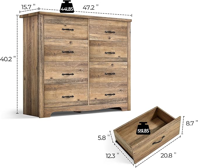 LINSY HOME 8 Drawers Dresser for Bedroom, Living Room, Rustic Brown - Image 2