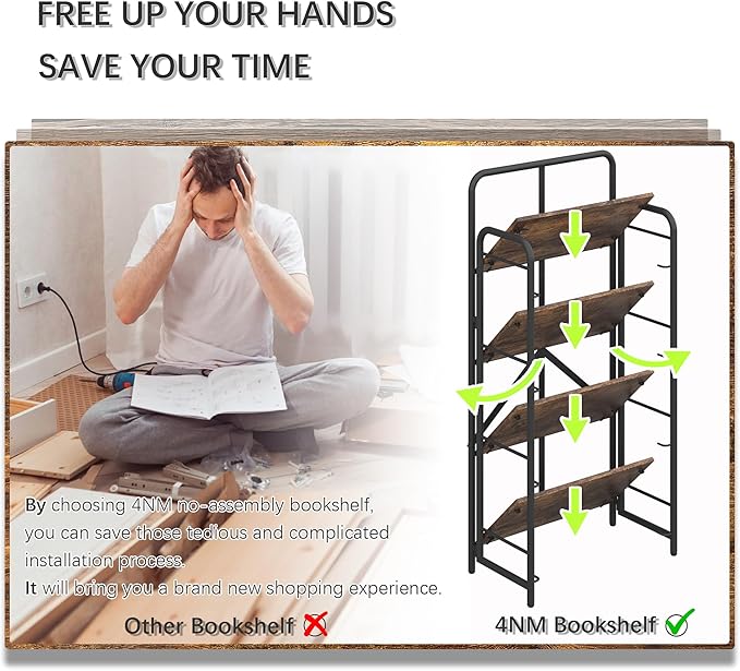 4NM No Assembly Folding Bookshelf 4 Tiers Vintage Industrial Black Book Shelf - Image 5