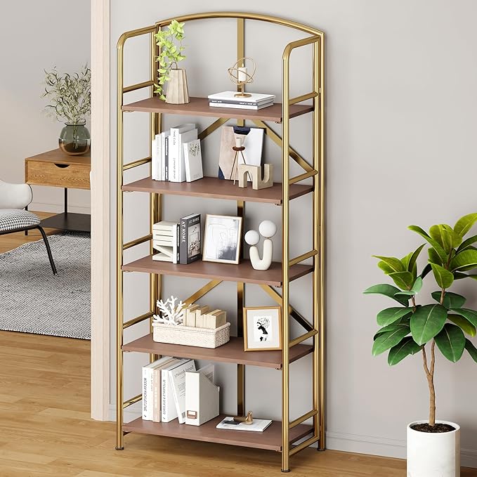 No-Assembly Folding Gold Bookshelf Storage Shelves 5 Tiers Vintage - Image 2