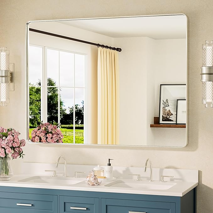 TETOTE 48 x 36 Inch Brushed Nickel Bathroom Mirror Metal Framed Bathroom Mirror by TETOTE