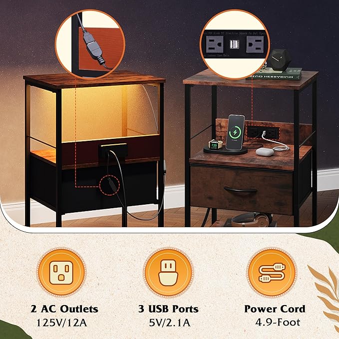 WLIVE Night Stand with Charger Station, LED Nightstand with Adjustable Fabric - Image 5