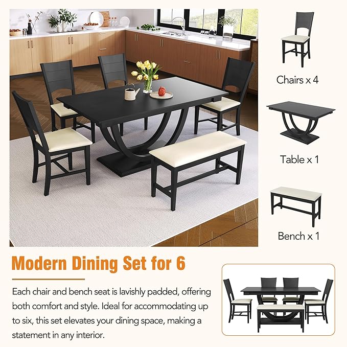 Ball & Cast Dining Table Set for 6, 6-Piece Kitchen Table Set W/ 1 Bench & 4 - Image 5