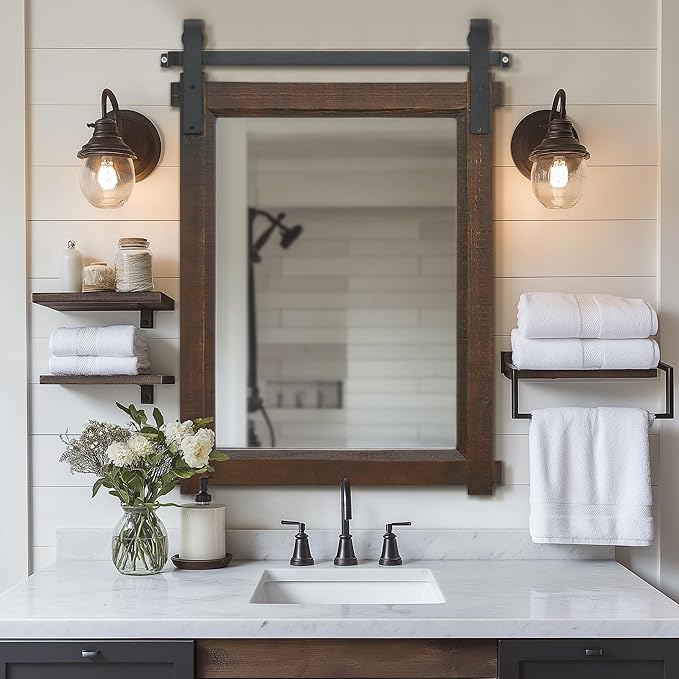 Farmhouse Barn Door Mirror: 22"x30" Black Rustic Wood Frame Mirror by Besdomus