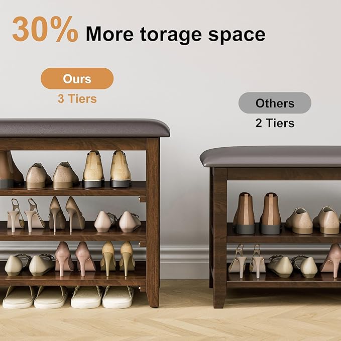 Wooden Shoe Bench Storage with Leather Cushion, Rustic Solid Wood Entryway - Image 7