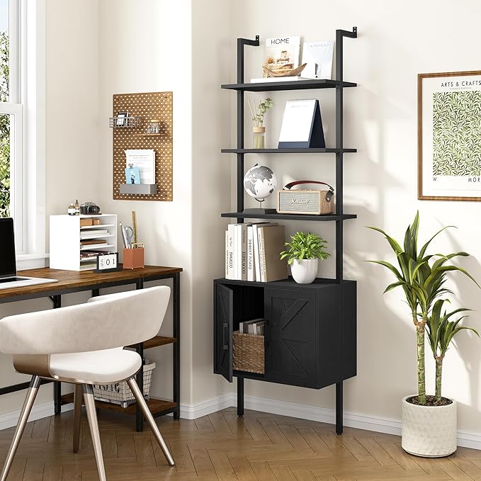 Yusong 73" Tall Bookshelf with Cabinet, Industrial Ladder Wall Mount Shelf - Image 4