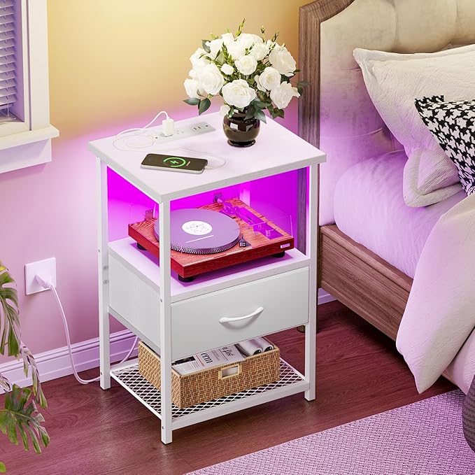 Fixwal Night Stand with Charging Station, LED Nightstand with Fabric Drawers - Image 2