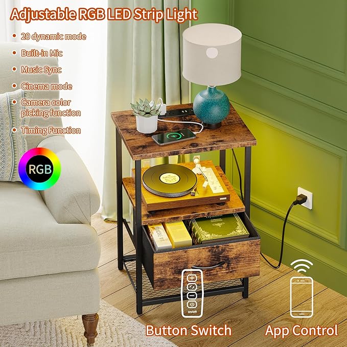Fixwal Night Stand with Charging Station, LED Nightstand with Fabric Drawers - Image 4