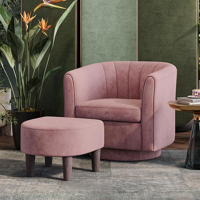 LINSY Swivel Accent Chair Ottoman Set: Velvet Small Barrel Chair - Image 7