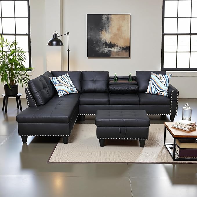 L Shaped Couch Faux Leather Sectional Couch Upholstered 3 Pieces Sofas by LynginsCreativeLife