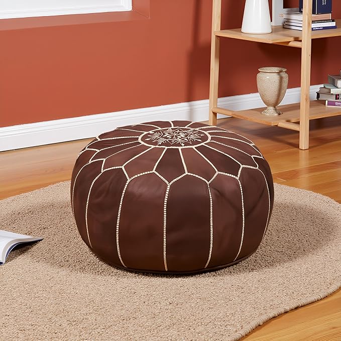 Stuffed Round Design Moroccan Leather Pouf Ottoman, Pre-Filled, 100% Genuine - Image 2