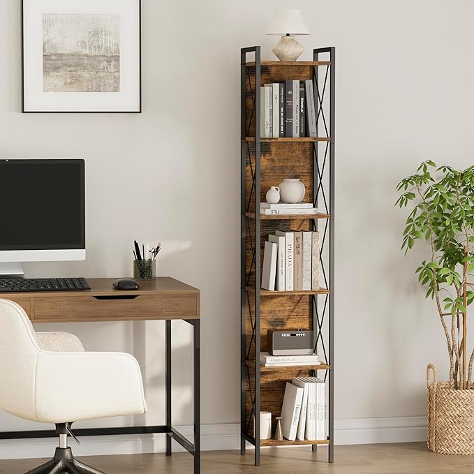 Homhedy 6 Tier Bookshelf Bookcase, Tall Narrow Bookshelf - Image 2