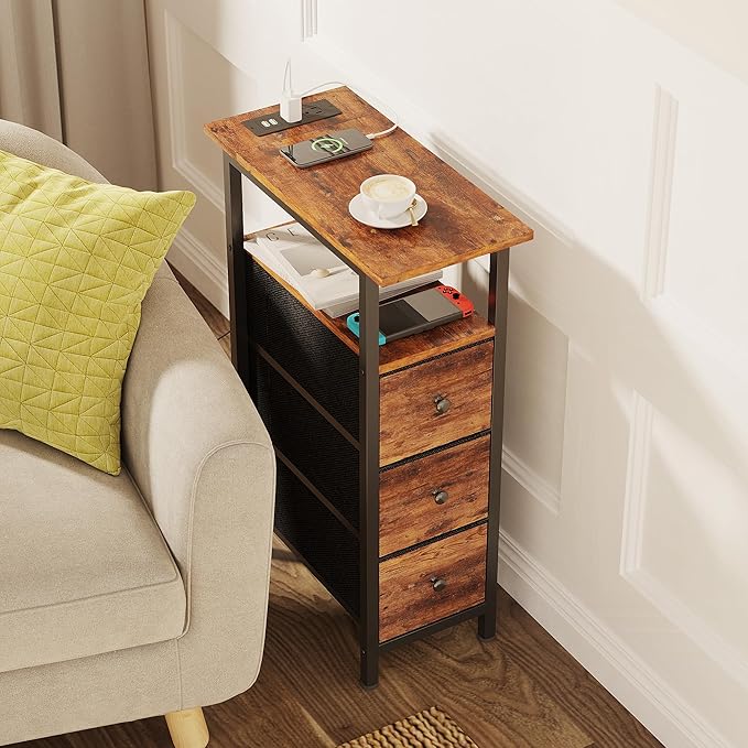 End Table with Charging Station, Narrow Side Table with 3 Fabric Drawers - Image 7