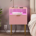 Modern Nightstand with Charging Station and LED Lights, Fluted Side Table by JOONEE