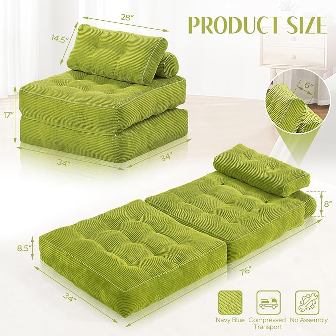 HABUTWAY Folding Sofa Bed, Convertible Sleeper Chair Bed w/Dual-Pillow & Handle - Image 2