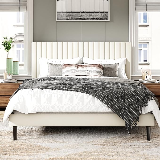 Full Size Bed Frame with Velvet Upholstered Headboard, Platform Bed with Strong by SISMPLLY