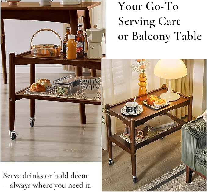 Rattan Side Table with Wheels, Small End Table with Storage, Narrow Wooden Bed - Image 8