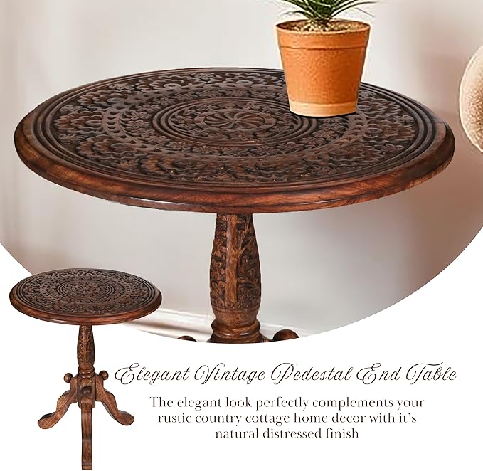 The Wooden Town Handcrafted Carved Round Side Table – 18x21 Inch Coffee Table - Image 5