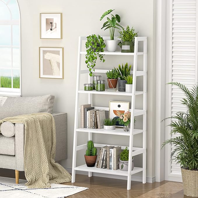 Homykic Bamboo White Bookshelf 4-Tier Ladder Shelf, 49.2” Freestanding Open - Image 2