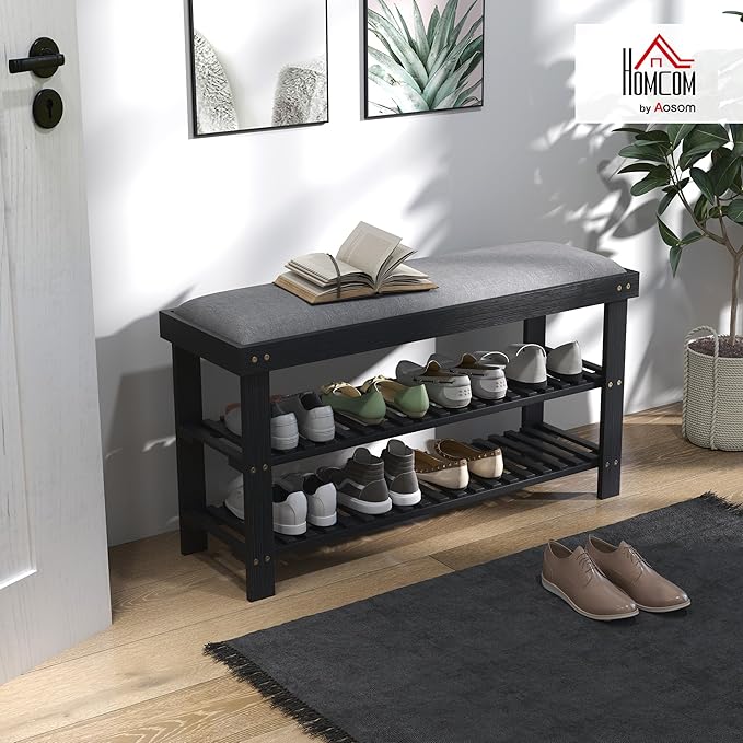 HOMCOM Bamboo Shoe Bench, 3-Tier Entryway Bench - Image 2