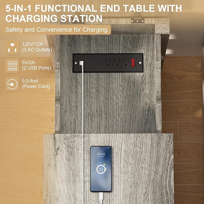 End Table with Charging Station 24'' Nightstand with Charging Station Vintage - Image 5