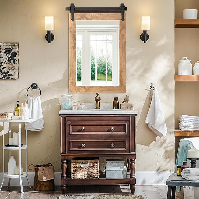 Farmhouse Barn Door Mirror 22”x32” Rustic Decorative Vanity Mirrors Wall Decor - Image 6
