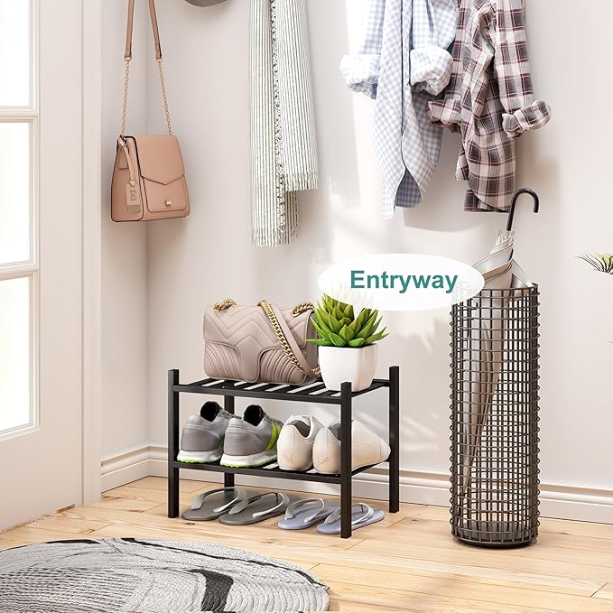 Black Small Shoe Rack for Entryway, 2-Tier Bamboo Shoe Organizer for Hallway - Image 2