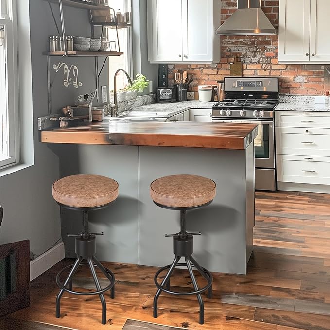 Set of 2-Vintage Bar Stool Swivel PU Leather Seat Kitchen Island Workbench - Image 6
