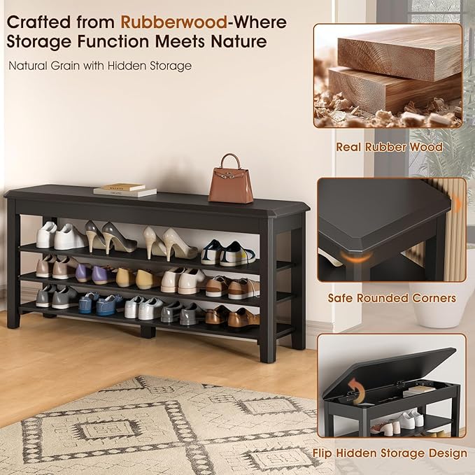 Shoe Rack Bench Seat Rubberwood 3-Tier Wooden Storage Bench 550lbs Compact - Image 6
